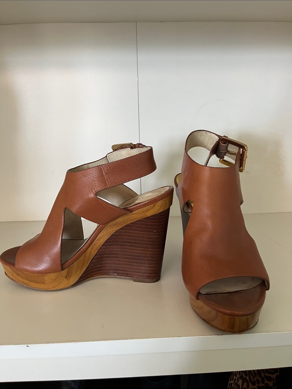 Michael Kors Cognac Leather Platform Wedge Sandals